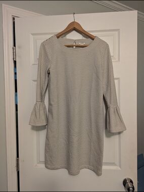 J. Crew White and Black Striped Bell-Sleeve Shift Dress